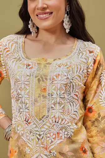 Hand embroidered floral printed yellow cotton lucknowi chikankari co-ord set