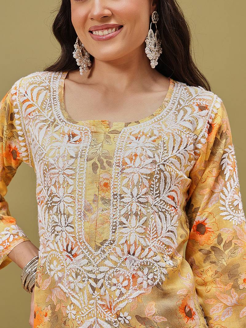Hand embroidered floral printed yellow cotton lucknowi chikankari co-ord set