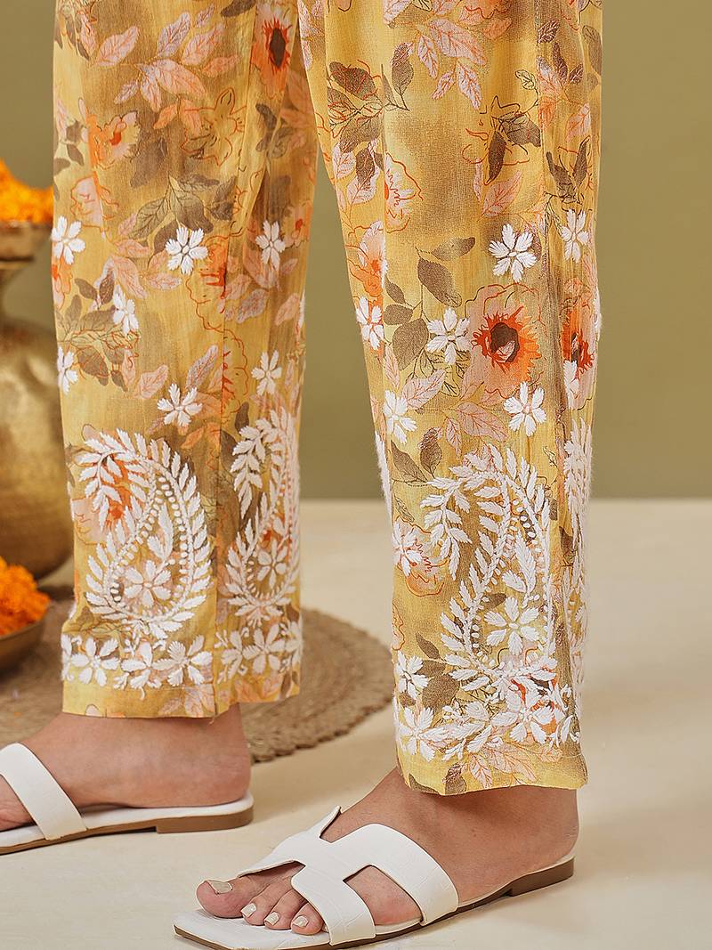 Hand embroidered floral printed yellow cotton lucknowi chikankari co-ord set