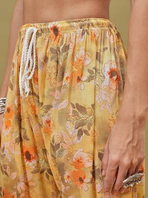 Hand embroidered floral printed yellow cotton lucknowi chikankari co-ord set 8