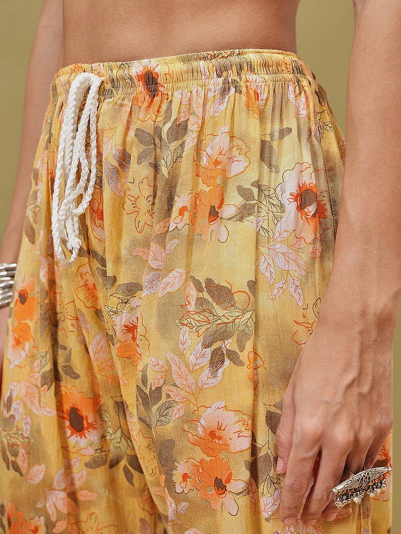 Hand embroidered floral printed yellow cotton lucknowi chikankari co-ord set