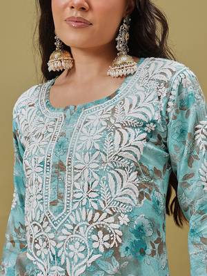 Hand embroidered floral printed blue cotton lucknowi chikankari co-ord set 6