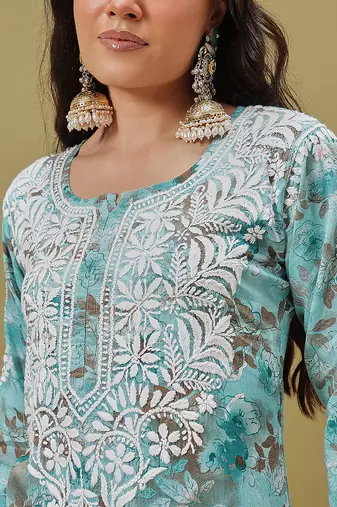 Hand embroidered floral printed blue cotton lucknowi chikankari co-ord set