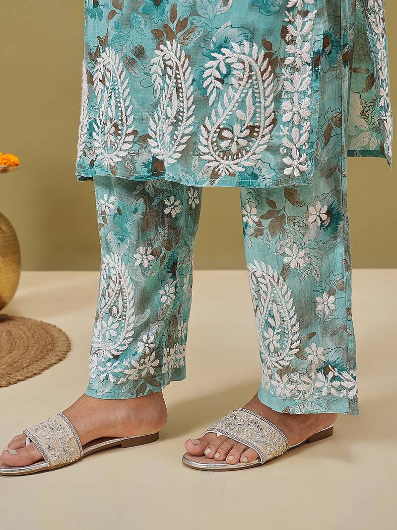 Hand embroidered floral printed blue cotton lucknowi chikankari co-ord set