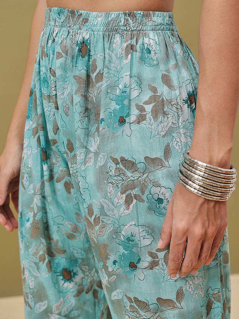 Hand embroidered floral printed blue cotton lucknowi chikankari co-ord set