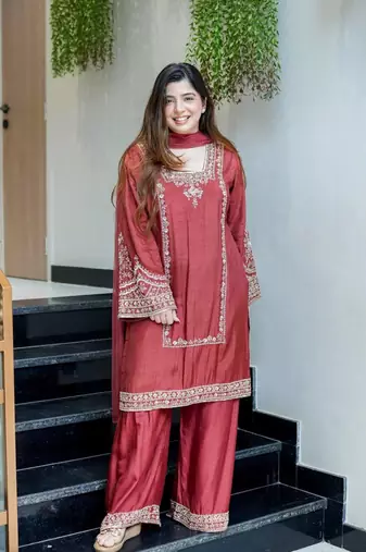 Elegant German Chiffon Suit Set with Embroidery Work