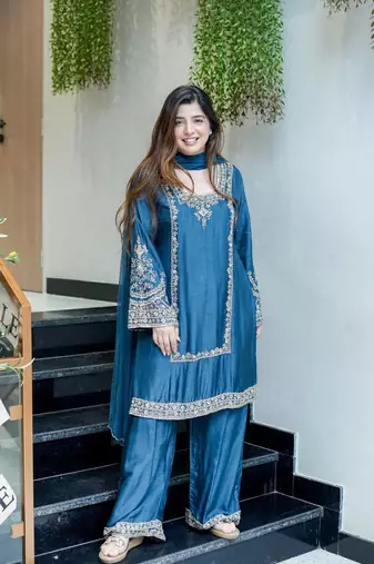 Elegant German Chiffon Suit Set with Embroidery Work