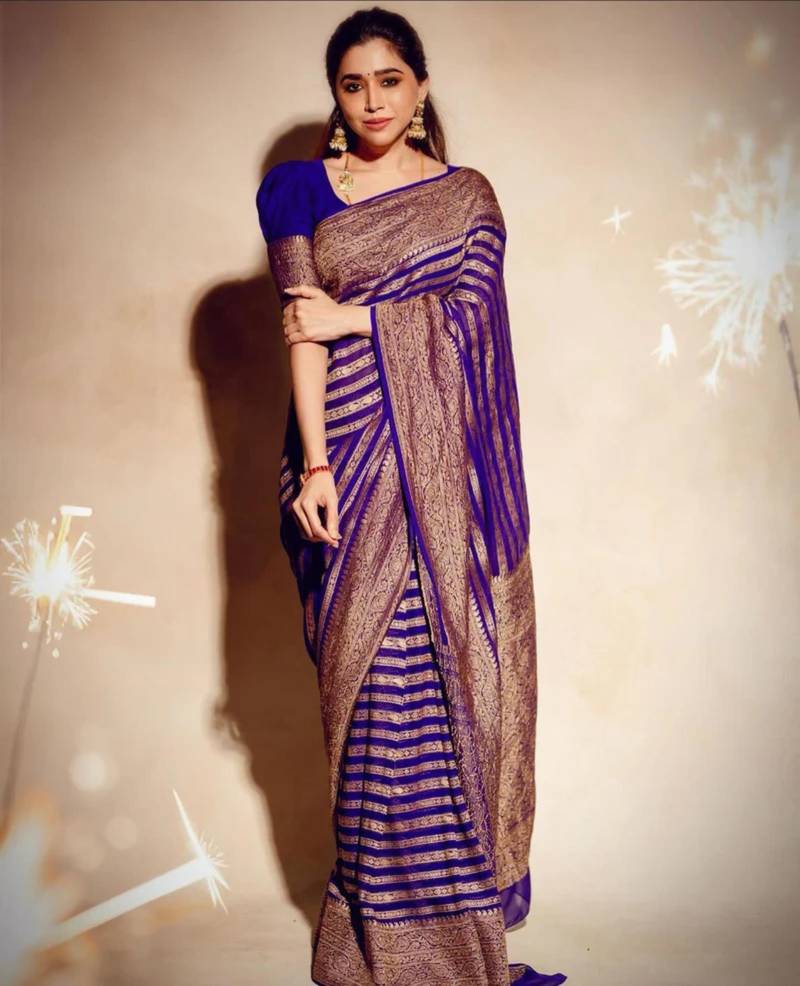 Blue Stripe Shimmer Handloom Mul Cotton Saree
