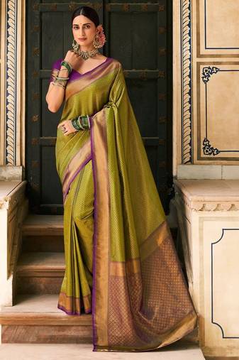 elegant olive green banarasi silk blend saree with intricate zari work with rich brocade patterns