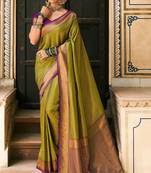 olive green banarasi silk blend saree with intricate zari work with rich brocade patterns
