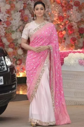 Half N Half Georgette Saree In Pink With Matching Blouse Piece
