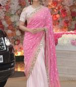 Half N Half Georgette Saree In Pink With Matching Blouse Piece