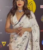 Peach chinon c digital printed saree with mirror cut work