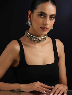 Gold plated green stone Kundan necklace set 1