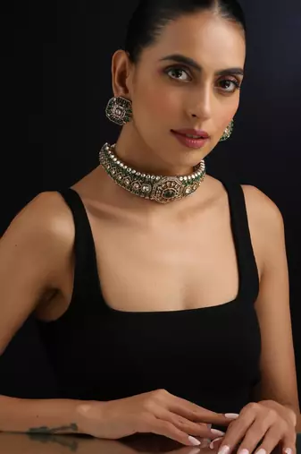 Gold plated green stone Kundan necklace set
