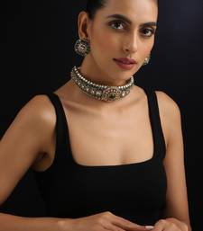 Gold plated green stone Kundan necklace set