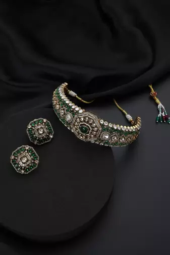 Gold plated green stone Kundan necklace set