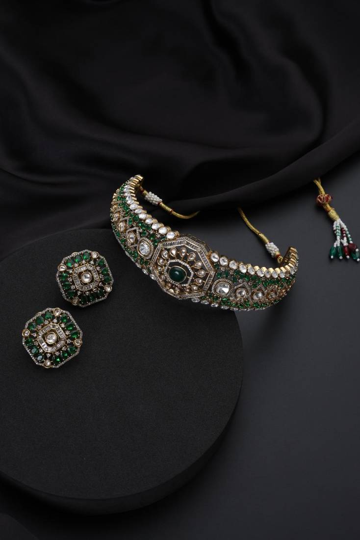 Gold plated green stone Kundan necklace set
