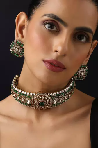 Gold plated green stone Kundan necklace set