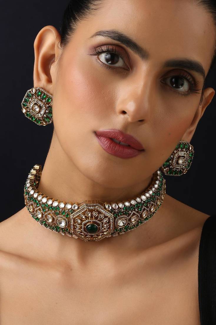 Gold plated green stone Kundan necklace set