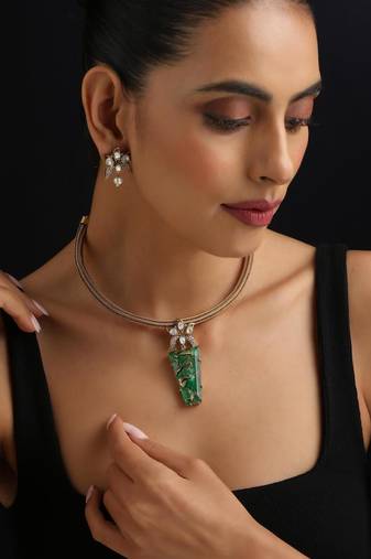 Gold plated green stone Kundan necklace set
