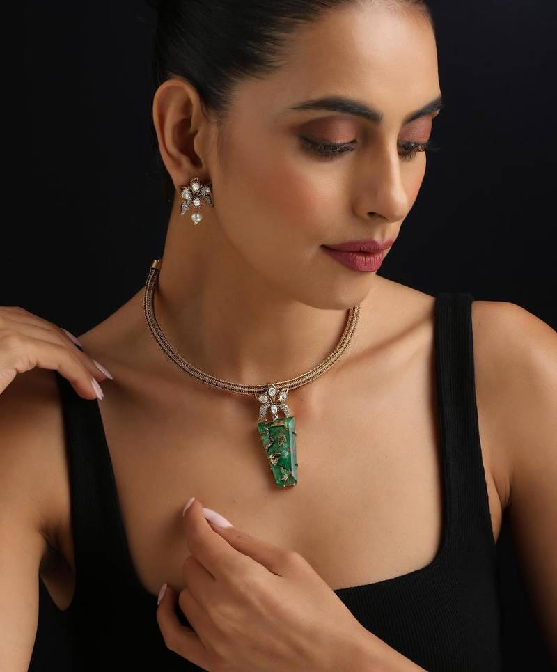 Gold plated green stone Kundan necklace set