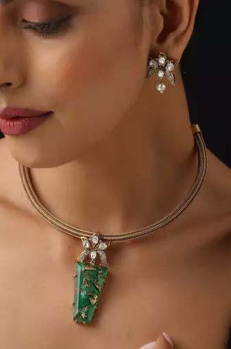 Gold plated green stone Kundan necklace set