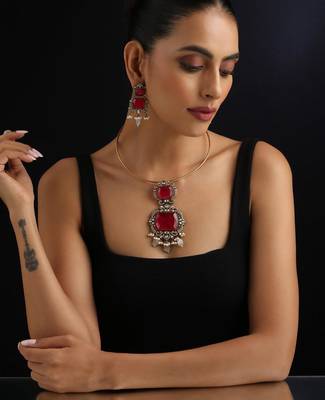 Gold plated red stone kundan necklace set 1