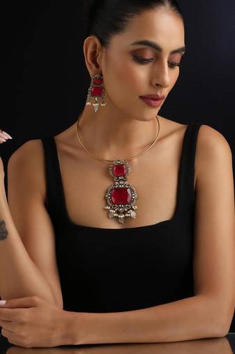 Gold plated red stone kundan necklace set