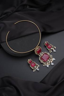 Gold plated red stone kundan necklace set 2