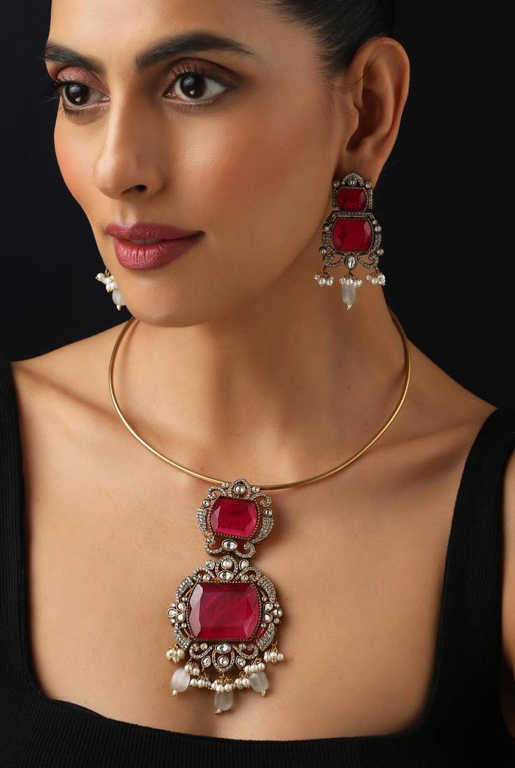 Gold plated red stone kundan necklace set