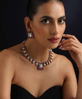 Gold plated red stone kundan necklace set 1