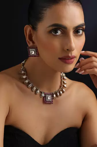 Gold plated red stone kundan necklace set