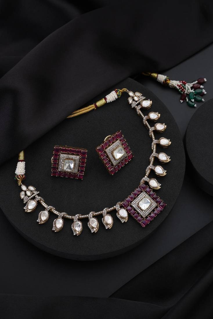 Gold plated red stone kundan necklace set