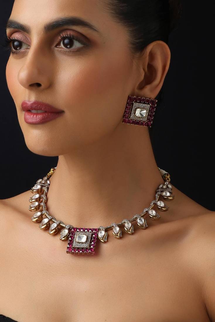 Gold plated red stone kundan necklace set