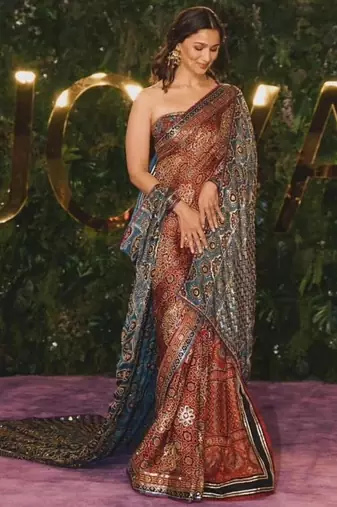 Brown ajrakh printed satin silk blend saree with blouse