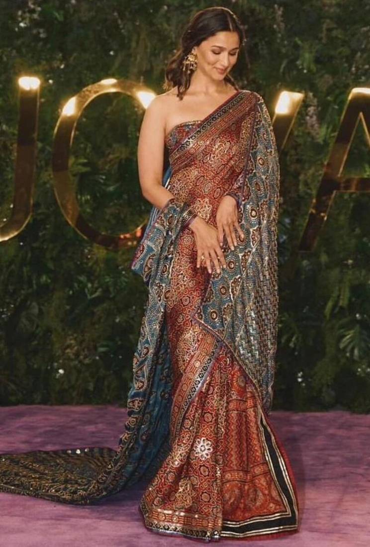 Brown ajrakh printed satin silk blend saree with blouse