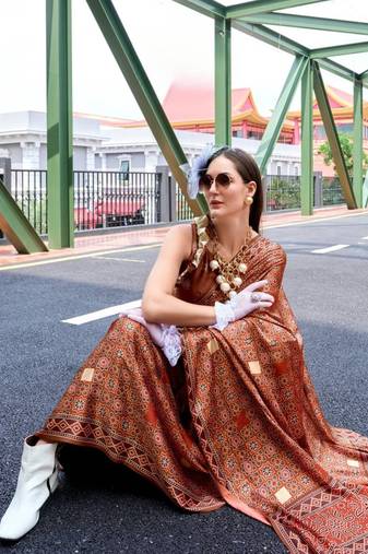 Brown ajrakh printed satin silk blend saree with blouse
