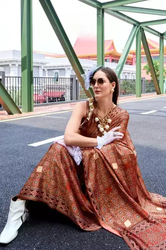 Brown ajrakh printed satin silk blend saree with blouse