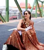 Brown ajrakh printed satin silk blend saree with blouse