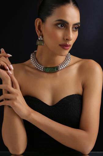 Gold plated green stone kundan necklace set