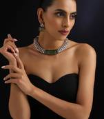 Gold plated green stone kundan necklace set