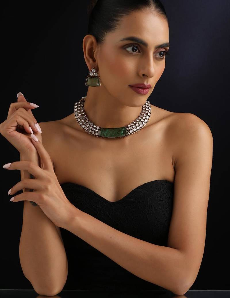 Gold plated green stone kundan necklace set