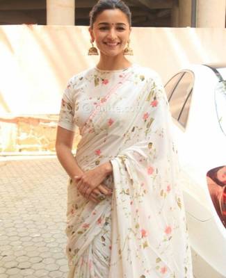 White Floral Print Muga Cotton Saree 4