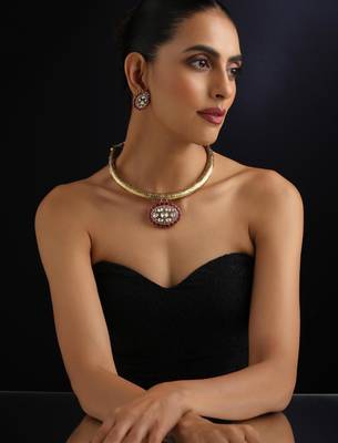 Gold plated red stone kundan necklace set 1