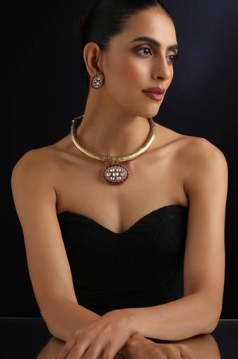 Gold plated red stone kundan necklace set