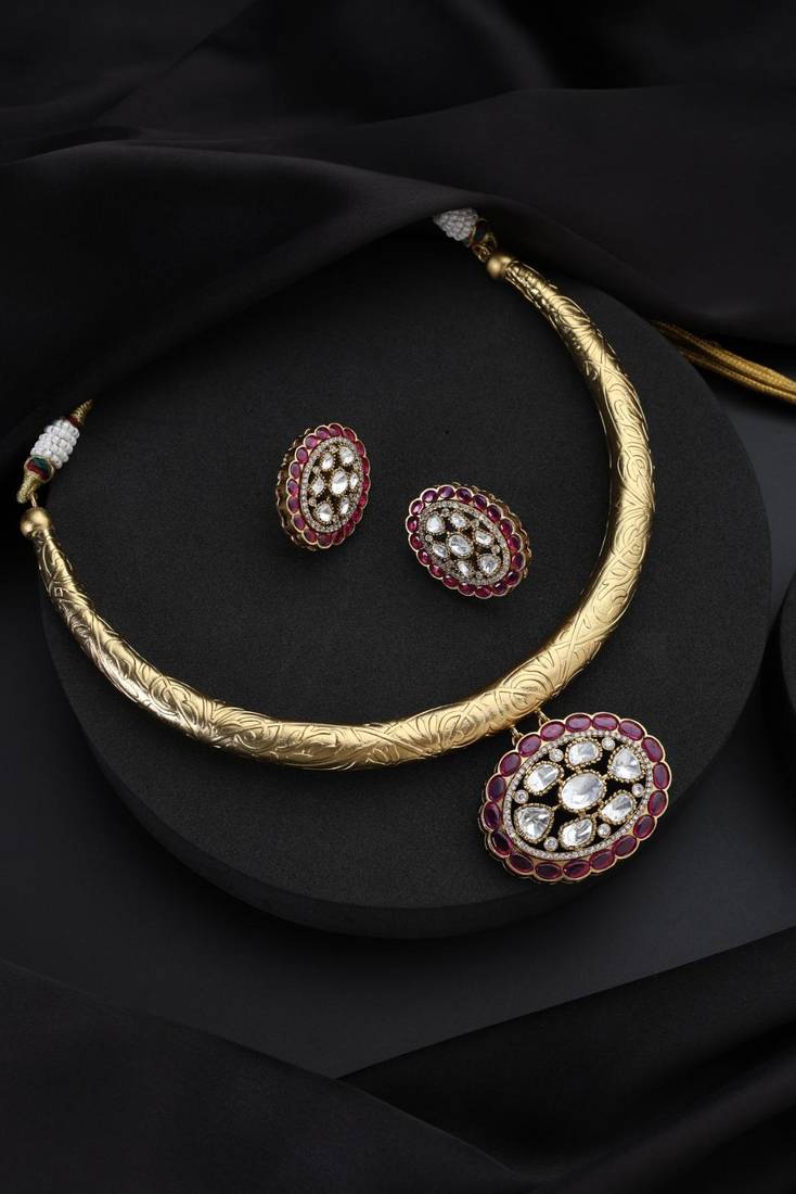 Gold plated red stone kundan necklace set