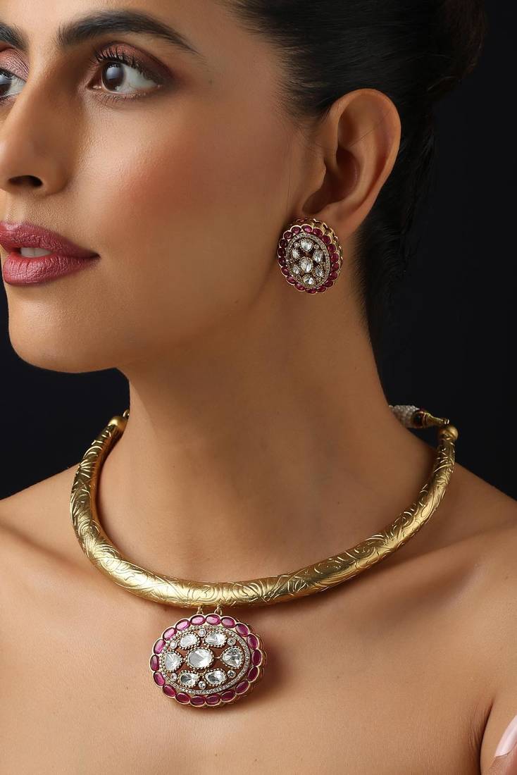 Gold plated red stone kundan necklace set
