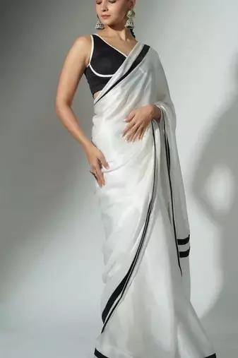 White Designer Solid Looks Fancy Bollywood Style Ethnic Girlish Saree