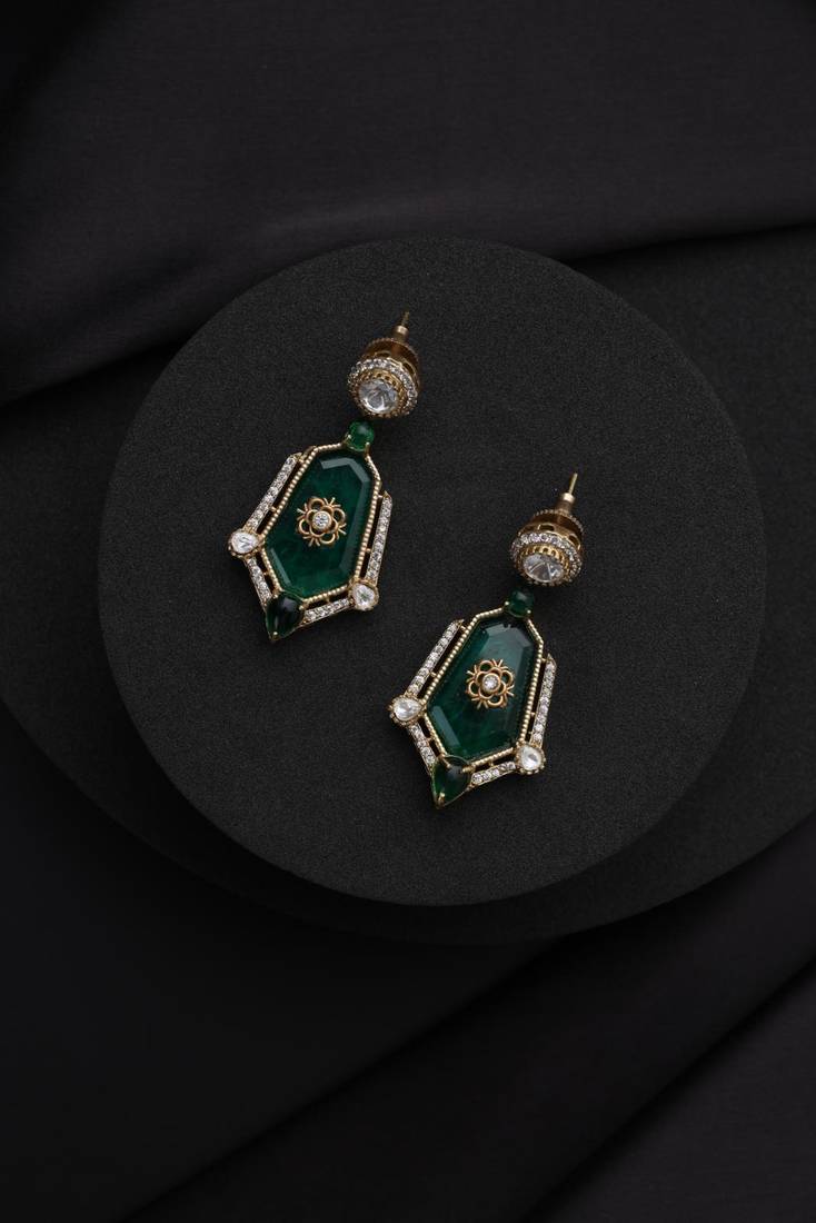 Gold plated green stone kundan chandbali
